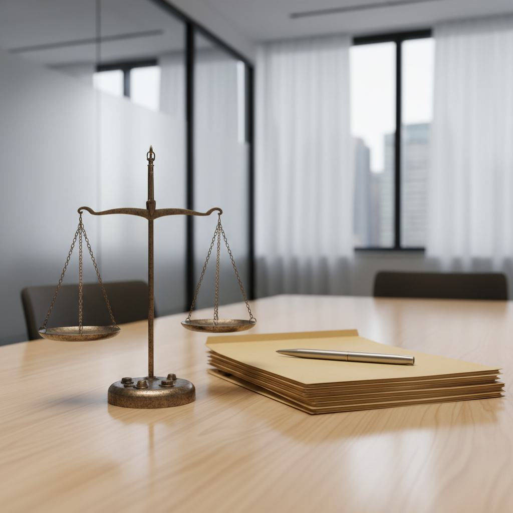 A close-up of the scales of justice sculpted in brushed bronze, placed on a smooth light oak meeting table in a contemporary law office. Next to the scales lies a neatly stacked set of blank files and a sleek metal pen, hinting at ongoing bodily injury compensation cases. In the softly blurred background, frosted glass partitions and a subtle city skyline through large windows suggest a modern, secure environment. Daylight is diffused through sheer curtains, creating soft highlights on the metal and gentle reflections on the tabletop. Photographic realism with a centered composition, the atmosphere calm, balanced, and protective, symbolizing fairness and legal support for accident victims.