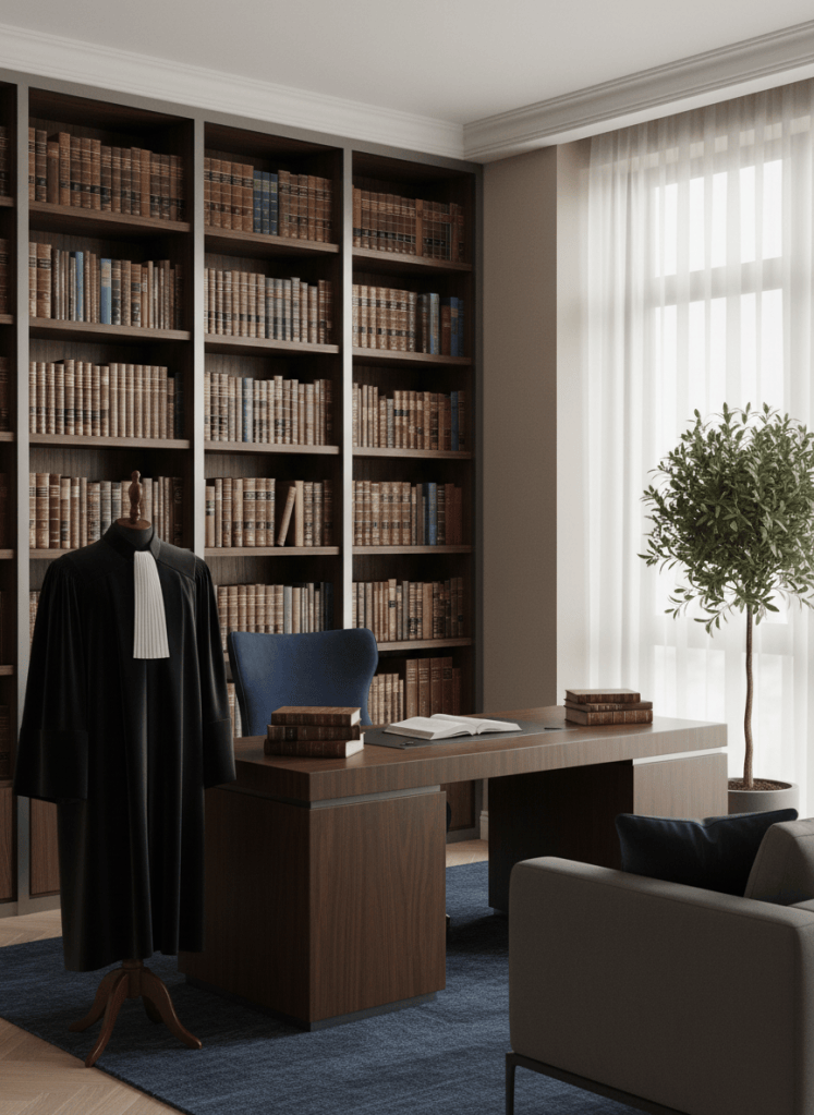 A confident, warm professional office setting for a female lawyer, without any person: an elegant modern law office with a large wooden desk, a black lawyer's robe hanging elegantly on a stand near a bookshelf filled with legal volumes, soft natural window light, deep blue and neutral tones, refined and reassuring. Photographic realism, portrait orientation.
